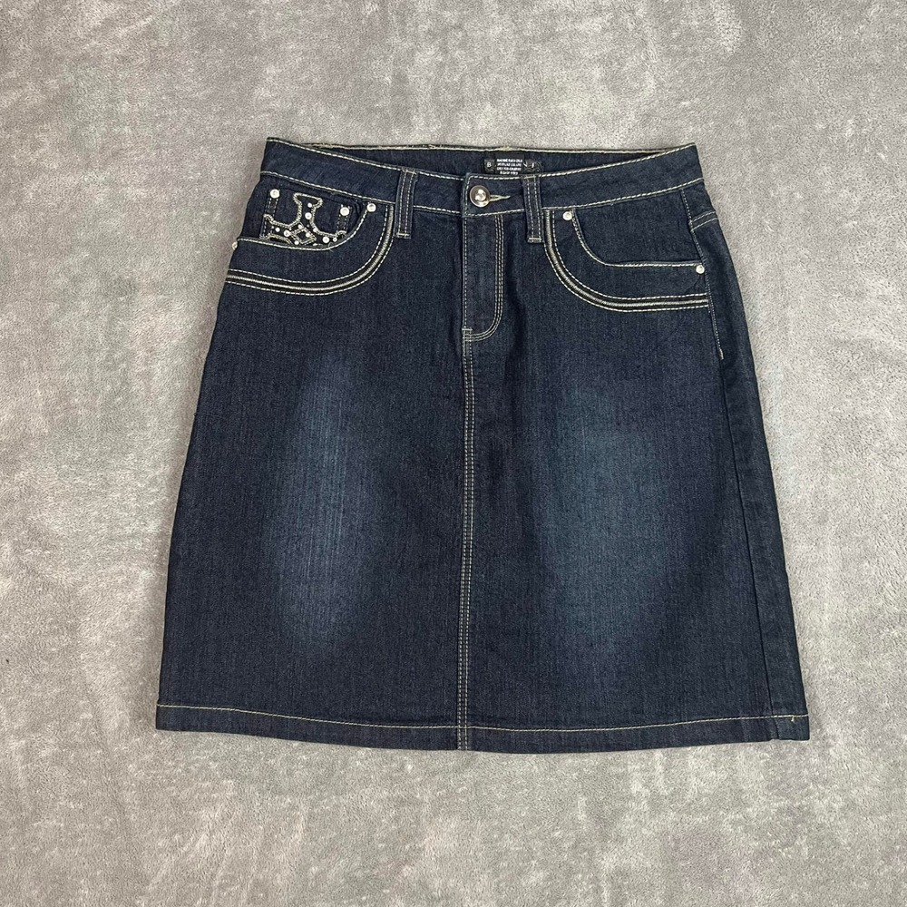 Vintage Y2K Baccini Denim Skirt Womens 6 Knee Length Bedazzled Alt Grunge